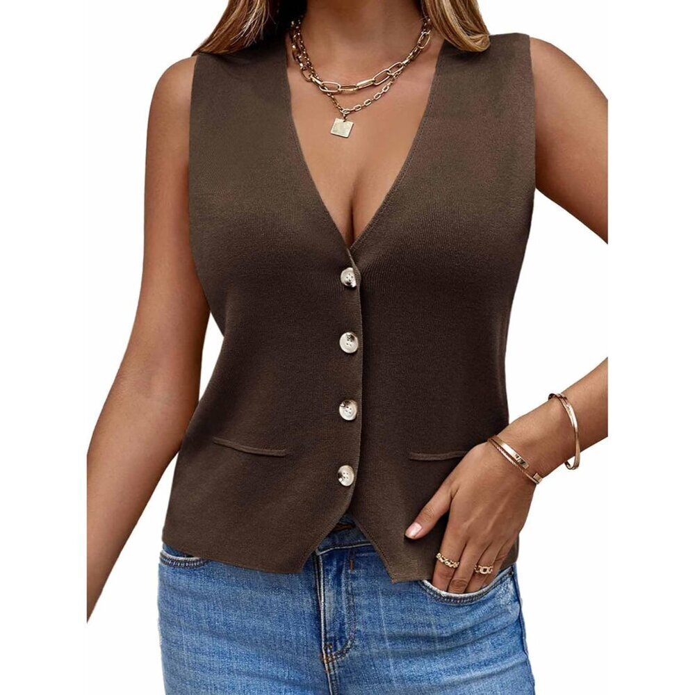 Women's Sleeveless Knit Vest V-Neck Button Loose Fit Spring Summer Casual